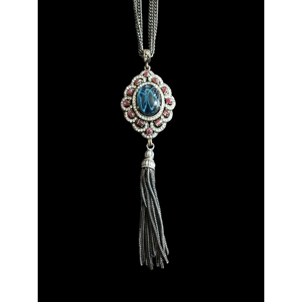 Ben Amun Two Tone Double Layered Glass Stone Crystal Tassel Necklace 32"